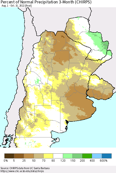 Southern South America Percent of Normal Precipitation 3-Month (CHIRPS) Thematic Map For 8/1/2022 - 10/31/2022