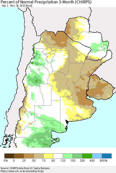 Southern South America Percent of Normal Precipitation 3-Month (CHIRPS) Thematic Map For 9/1/2022 - 11/30/2022