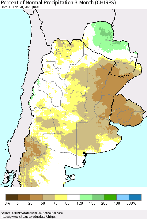 Southern South America Percent of Normal Precipitation 3-Month (CHIRPS) Thematic Map For 12/1/2022 - 2/28/2023
