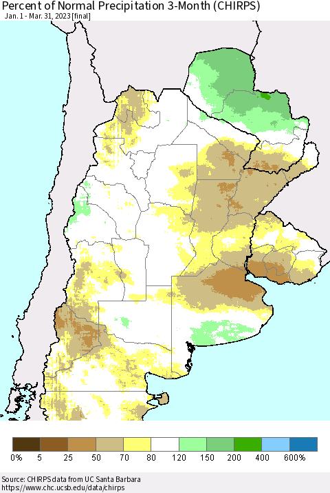 Southern South America Percent of Normal Precipitation 3-Month (CHIRPS) Thematic Map For 1/1/2023 - 3/31/2023