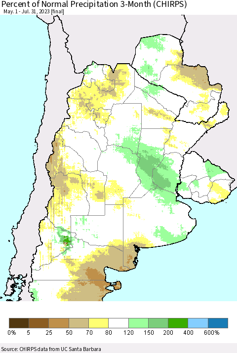 Southern South America Percent of Normal Precipitation 3-Month (CHIRPS) Thematic Map For 5/1/2023 - 7/31/2023