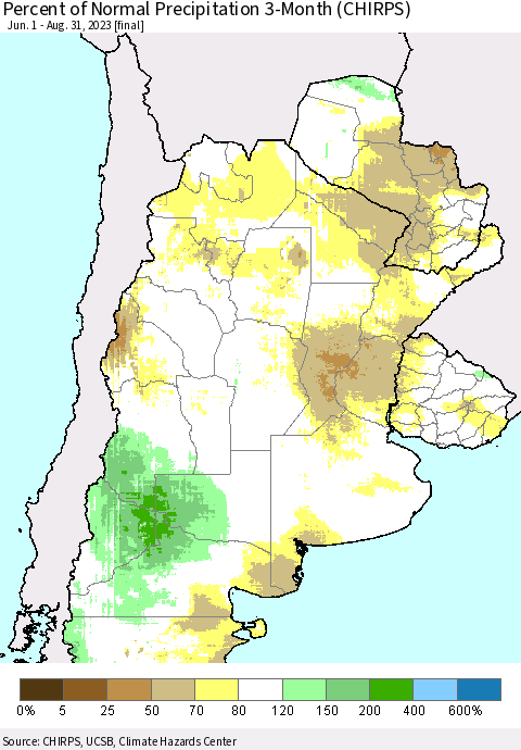 Southern South America Percent of Normal Precipitation 3-Month (CHIRPS) Thematic Map For 6/1/2023 - 8/31/2023
