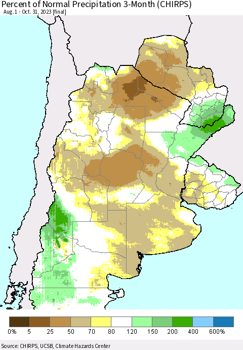 Southern South America Percent of Normal Precipitation 3-Month (CHIRPS) Thematic Map For 8/1/2023 - 10/31/2023
