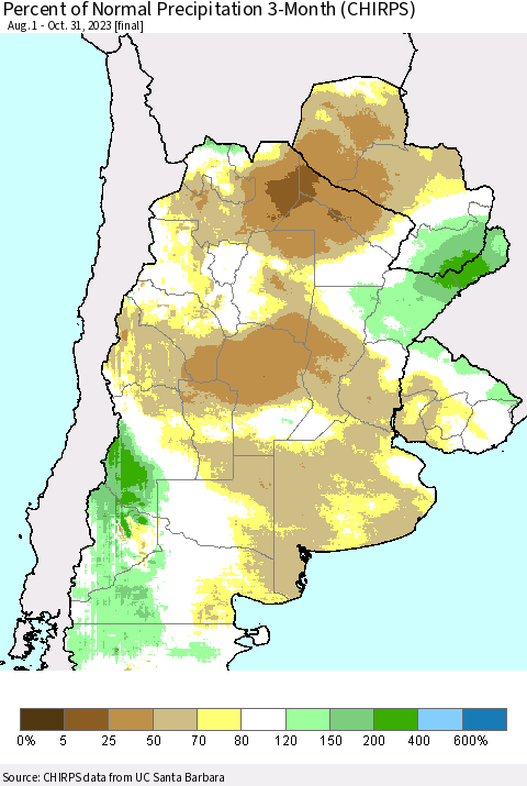 Southern South America Percent of Normal Precipitation 3-Month (CHIRPS) Thematic Map For 8/1/2023 - 10/31/2023