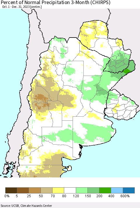 Southern South America Percent of Normal Precipitation 3-Month (CHIRPS) Thematic Map For 10/1/2023 - 12/31/2023