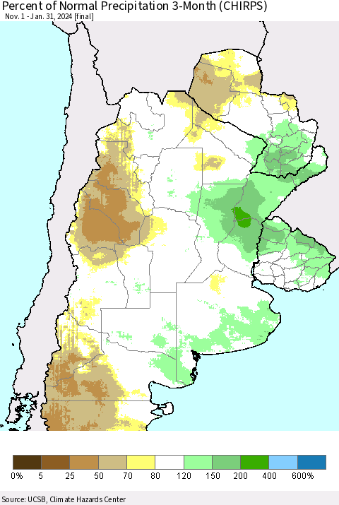 Southern South America Percent of Normal Precipitation 3-Month (CHIRPS) Thematic Map For 11/1/2023 - 1/31/2024