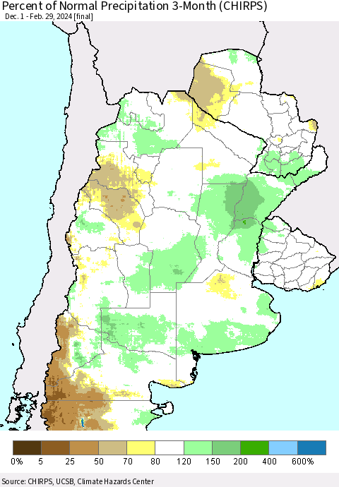 Southern South America Percent of Normal Precipitation 3-Month (CHIRPS) Thematic Map For 12/1/2023 - 2/29/2024