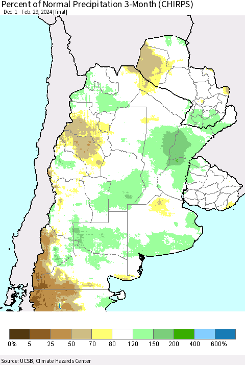 Southern South America Percent of Normal Precipitation 3-Month (CHIRPS) Thematic Map For 12/1/2023 - 2/29/2024