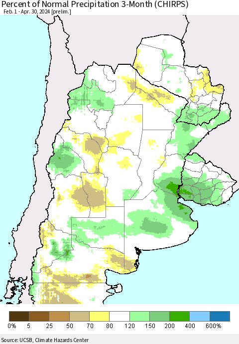 Southern South America Percent of Normal Precipitation 3-Month (CHIRPS) Thematic Map For 2/1/2024 - 4/30/2024