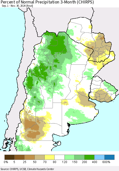 Southern South America Percent of Normal Precipitation 3-Month (CHIRPS) Thematic Map For 9/1/2024 - 11/30/2024