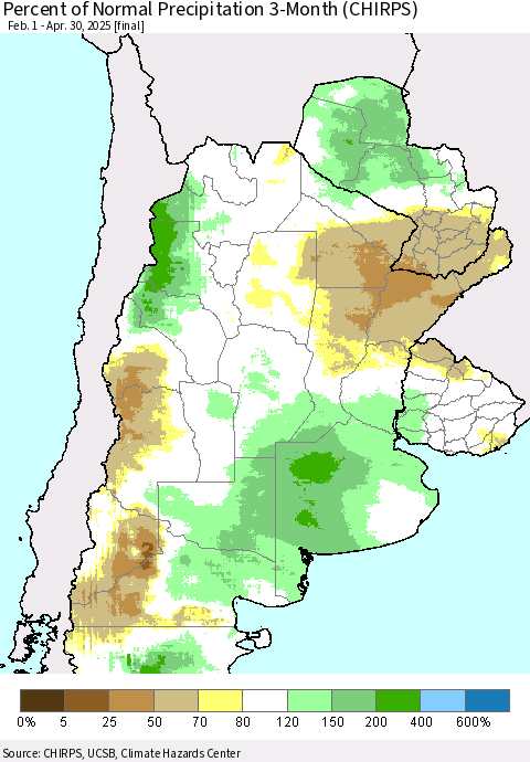 Southern South America Percent of Normal Precipitation 3-Month (CHIRPS) Thematic Map For 2/1/2025 - 4/30/2025