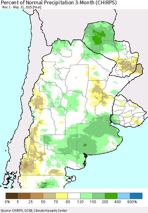 Southern South America Percent of Normal Precipitation 3-Month (CHIRPS) Thematic Map For 3/1/2025 - 5/31/2025