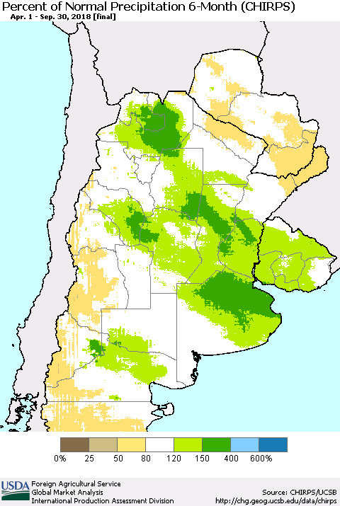 Southern South America Percent of Normal Precipitation 6-Month (CHIRPS) Thematic Map For 4/1/2018 - 9/30/2018