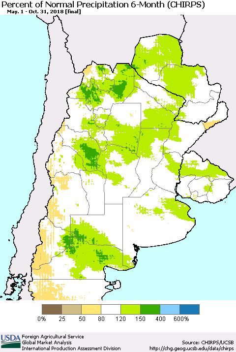 Southern South America Percent of Normal Precipitation 6-Month (CHIRPS) Thematic Map For 5/1/2018 - 10/31/2018