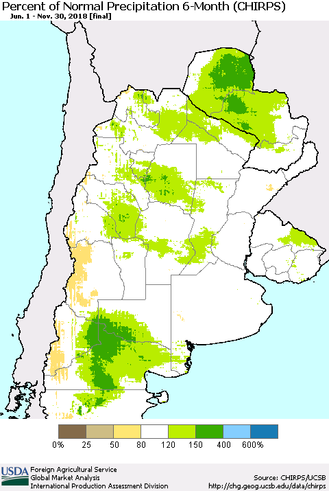 Southern South America Percent of Normal Precipitation 6-Month (CHIRPS) Thematic Map For 6/1/2018 - 11/30/2018