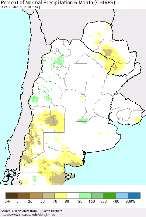 Southern South America Percent of Normal Precipitation 6-Month (CHIRPS) Thematic Map For 10/1/2019 - 3/31/2020