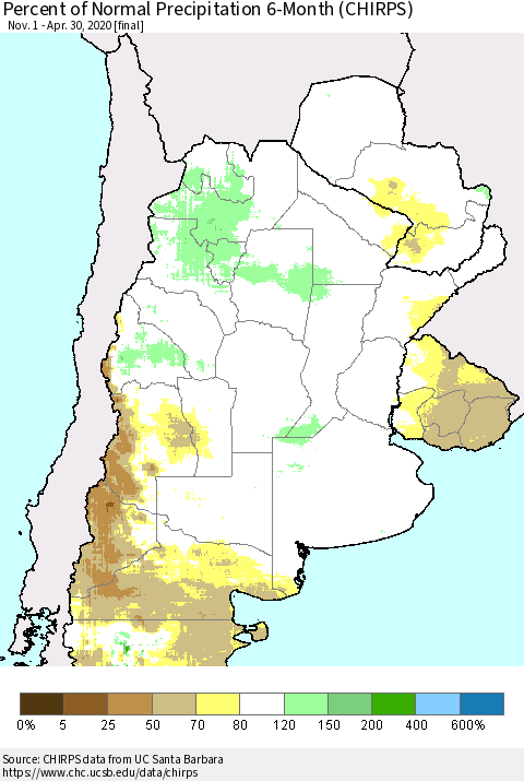 Southern South America Percent of Normal Precipitation 6-Month (CHIRPS) Thematic Map For 11/1/2019 - 4/30/2020