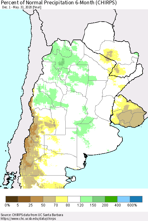Southern South America Percent of Normal Precipitation 6-Month (CHIRPS) Thematic Map For 12/1/2019 - 5/31/2020