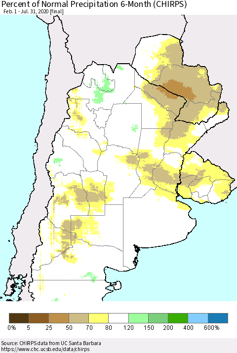 Southern South America Percent of Normal Precipitation 6-Month (CHIRPS) Thematic Map For 2/1/2020 - 7/31/2020