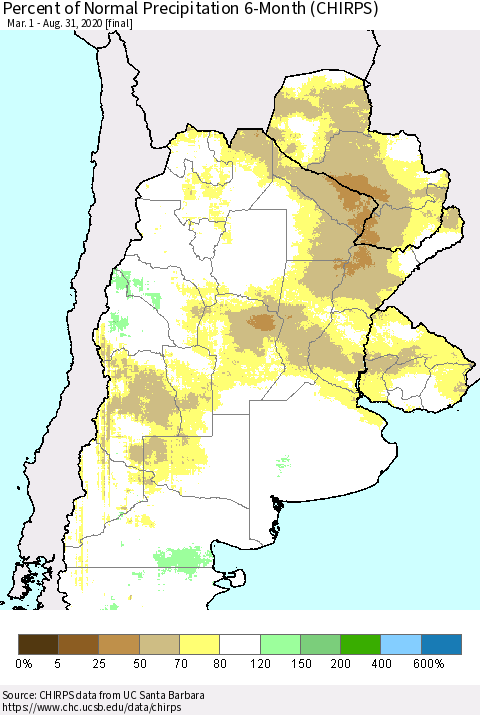 Southern South America Percent of Normal Precipitation 6-Month (CHIRPS) Thematic Map For 3/1/2020 - 8/31/2020