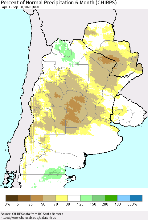 Southern South America Percent of Normal Precipitation 6-Month (CHIRPS) Thematic Map For 4/1/2020 - 9/30/2020