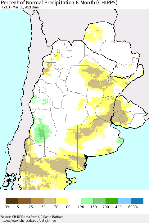 Southern South America Percent of Normal Precipitation 6-Month (CHIRPS) Thematic Map For 10/1/2020 - 3/31/2021