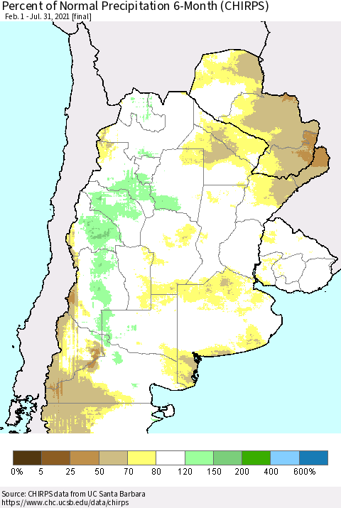 Southern South America Percent of Normal Precipitation 6-Month (CHIRPS) Thematic Map For 2/1/2021 - 7/31/2021