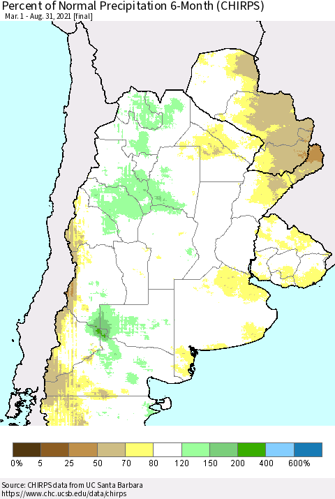 Southern South America Percent of Normal Precipitation 6-Month (CHIRPS) Thematic Map For 3/1/2021 - 8/31/2021