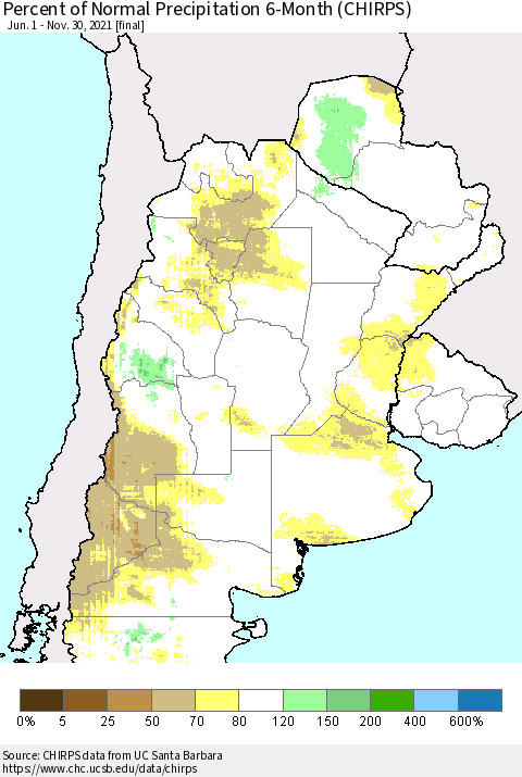 Southern South America Percent of Normal Precipitation 6-Month (CHIRPS) Thematic Map For 6/1/2021 - 11/30/2021
