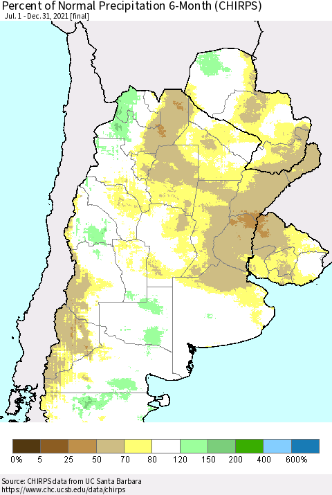 Southern South America Percent of Normal Precipitation 6-Month (CHIRPS) Thematic Map For 7/1/2021 - 12/31/2021