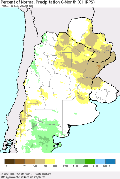Southern South America Percent of Normal Precipitation 6-Month (CHIRPS) Thematic Map For 8/1/2021 - 1/31/2022