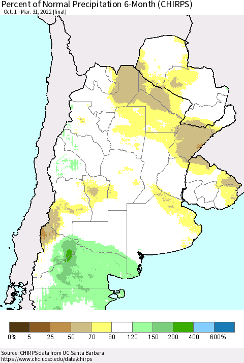 Southern South America Percent of Normal Precipitation 6-Month (CHIRPS) Thematic Map For 10/1/2021 - 3/31/2022