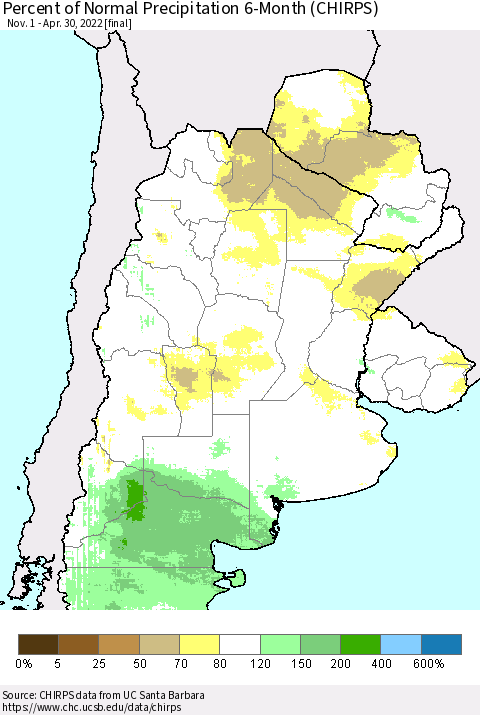Southern South America Percent of Normal Precipitation 6-Month (CHIRPS) Thematic Map For 11/1/2021 - 4/30/2022