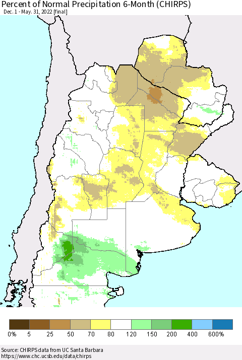 Southern South America Percent of Normal Precipitation 6-Month (CHIRPS) Thematic Map For 12/1/2021 - 5/31/2022