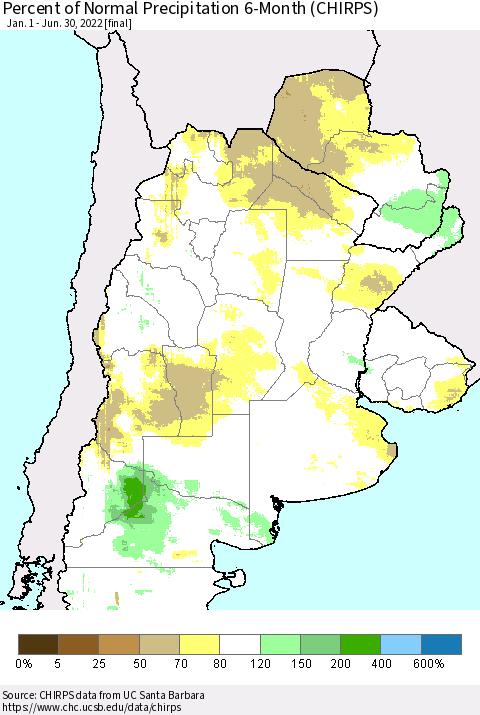 Southern South America Percent of Normal Precipitation 6-Month (CHIRPS) Thematic Map For 1/1/2022 - 6/30/2022