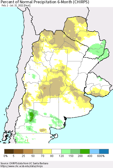 Southern South America Percent of Normal Precipitation 6-Month (CHIRPS) Thematic Map For 2/1/2022 - 7/31/2022