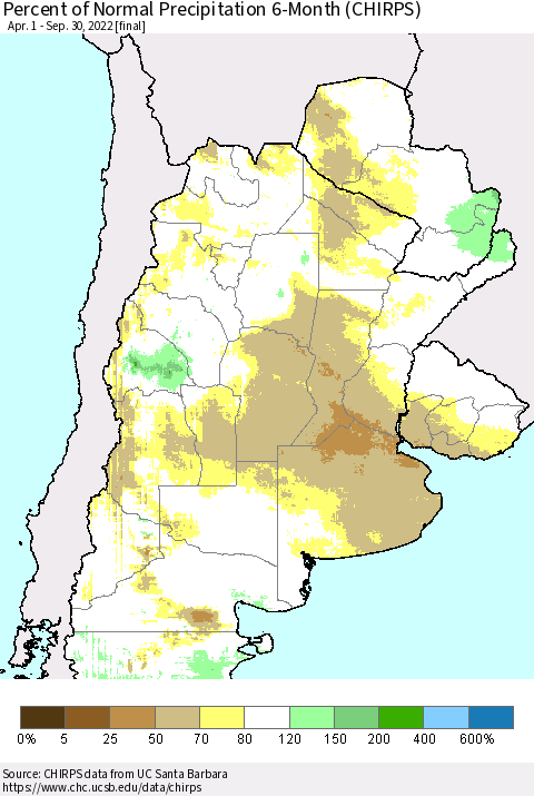 Southern South America Percent of Normal Precipitation 6-Month (CHIRPS) Thematic Map For 4/1/2022 - 9/30/2022
