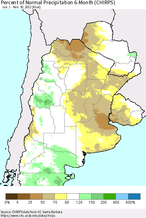 Southern South America Percent of Normal Precipitation 6-Month (CHIRPS) Thematic Map For 6/1/2022 - 11/30/2022