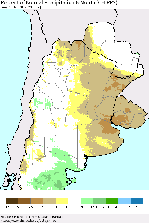 Southern South America Percent of Normal Precipitation 6-Month (CHIRPS) Thematic Map For 8/1/2022 - 1/31/2023