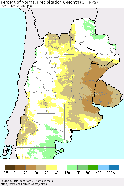Southern South America Percent of Normal Precipitation 6-Month (CHIRPS) Thematic Map For 9/1/2022 - 2/28/2023