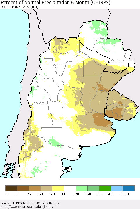 Southern South America Percent of Normal Precipitation 6-Month (CHIRPS) Thematic Map For 10/1/2022 - 3/31/2023