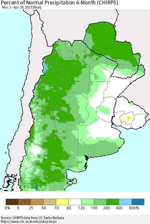 Southern South America Percent of Normal Precipitation 6-Month (CHIRPS) Thematic Map For 11/1/2022 - 4/30/2023