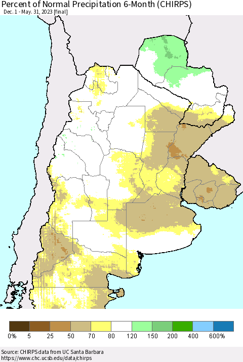 Southern South America Percent of Normal Precipitation 6-Month (CHIRPS) Thematic Map For 12/1/2022 - 5/31/2023
