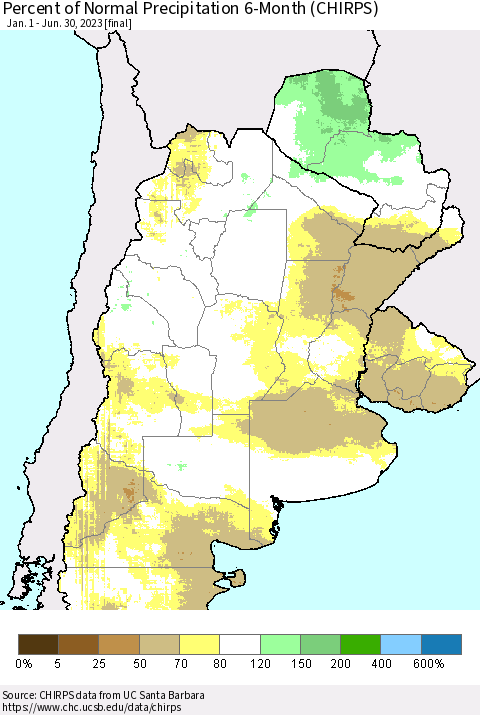 Southern South America Percent of Normal Precipitation 6-Month (CHIRPS) Thematic Map For 1/1/2023 - 6/30/2023