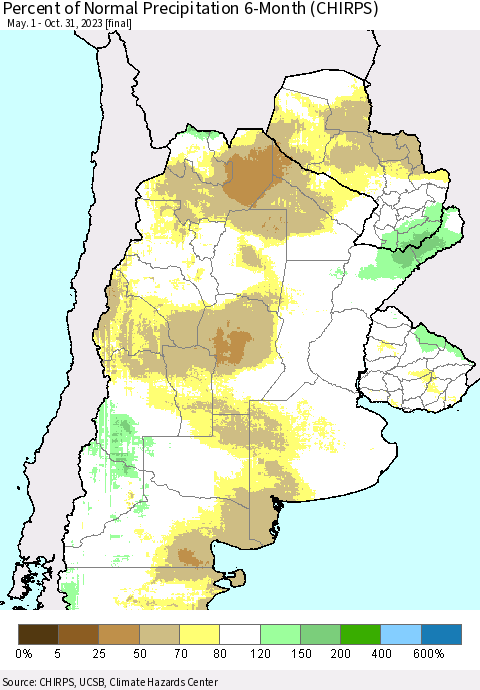 Southern South America Percent of Normal Precipitation 6-Month (CHIRPS) Thematic Map For 5/1/2023 - 10/31/2023