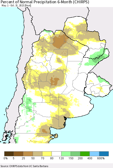 Southern South America Percent of Normal Precipitation 6-Month (CHIRPS) Thematic Map For 5/1/2023 - 10/31/2023