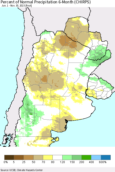Southern South America Percent of Normal Precipitation 6-Month (CHIRPS) Thematic Map For 6/1/2023 - 11/30/2023