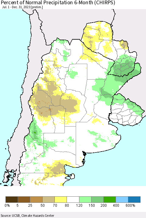 Southern South America Percent of Normal Precipitation 6-Month (CHIRPS) Thematic Map For 7/1/2023 - 12/31/2023