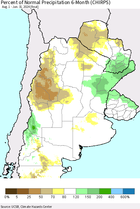 Southern South America Percent of Normal Precipitation 6-Month (CHIRPS) Thematic Map For 8/1/2023 - 1/31/2024