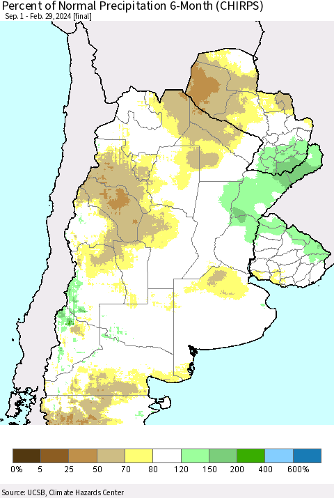 Southern South America Percent of Normal Precipitation 6-Month (CHIRPS) Thematic Map For 9/1/2023 - 2/29/2024